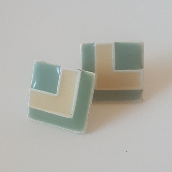 Teal and Yellow Square Earrings - Picture 3 of 7